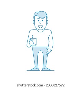 Character happy man drinks tea. Manager or office worker in a shirt with a tie holds a cup. Illustration in line art style. Vector