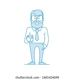 Personaje feliz hombre con gafas y barba bebe té. El gerente o trabajador de oficina en un pantalones con corbata sujeta una taza. Ilustración en estilo de arte en línea. Vector
