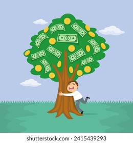 Character a happy man is hugging a money tree with lots of money. Concept of saving money and earning money.illustration vector cartoon.
