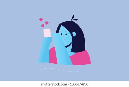 character happy playing smartphone,lovely,women character playing smartphone illustration 