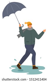 Character happy of raining weather vector, isolated man with umbrella dancing under rain. Person walking with parasol, stepping into puddle. Rainfall in autumn, male wearing warm clothes flat style