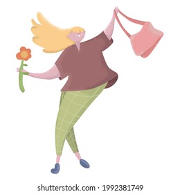 character happy schoolgirl or student. Happy young woman are jumping, smiling and dancing. Creative vector illustration on white background. Young girl with backpacks, bag, flower