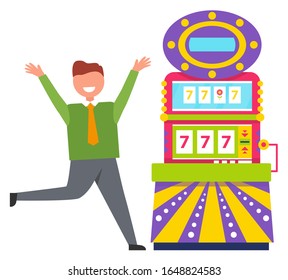 Character happy to win money in casino vector, gambler running with smile on face. Machine showing 777 on screen, lucky sevens bingo, gambling hobby