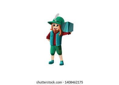 character in a hat, holding a box on his shoulder, a loader in a green suit. - Vector