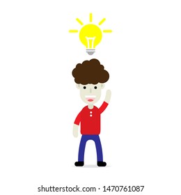 Character.Boy have ideas with Light bulb emitting on head.Character concept.