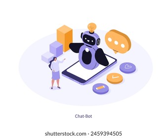 Character having dialog with chatbot on smartphone, chatting with robot, asking questions and receiving answers. Virtual assistant support and FAQ concept. Isometric vector illustration 