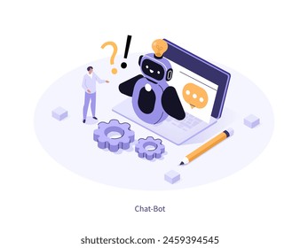 
Character having dialog with chatbot on laptop, chatting with robot, asking questions and receiving answers. Virtual assistant support and FAQ concept. Isometric vector illustration 