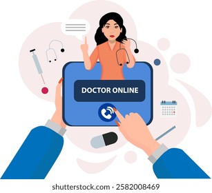The character is having an online video session with a doctor on a laptop. Contemporary healthcare and online medical concepts. Illustration of a flat cartoon vector