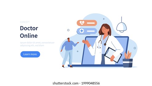 Character having video consultation with doctor online on laptop. Modern health care services and online medicine concept. Flat cartoon vector illustration.