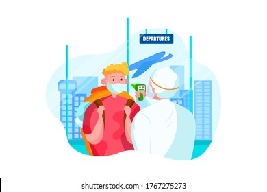 Character in hazmat suit checking temperature at the airport. Vector Illustration concept.