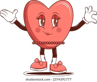 Character Heart with beads. Groovy retro cartoon lovely heart sticker, patch. Valentines Day. For poster, card, print. Trendy retro 60s 70s style. Red, pink colors. Vector illustration