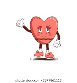 The character Heart with Beads shows class.Groovy retro cartoon lovely heart sticker, patch. Valentines Day. For poster, card, print. Trendy retro 60s 70s style. Red, pink colors. Vector illustration