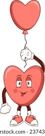 Character Heart hanging on a helium balloon. Groovy retro cartoon lovely heart sticker, patch. Valentines Day. For poster, card, print.Trendy retro 60s 70s style. Red, pink colors. Vector illustration