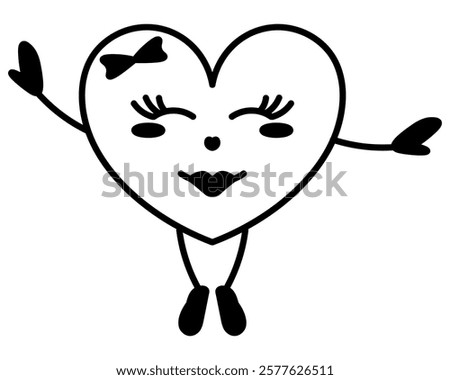 Character heart happy. Young woman in love symbol shape closes eyes and jumps on tiptoes, spreading arms to the sides. Enthusiastic smile on face, bow decoration, eyelashes. Vector illustration. 