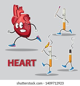 character heart runs after him chasing cigarettes with matches in his hands. Vector image. eps