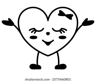 The character of the heart smiles dreamily. The lady in the shape of the symbol of love, fantasizing, closes her eyes, spreading her arms to the sides. Decoration of a bow, eyelashes. Sketch. Vector.