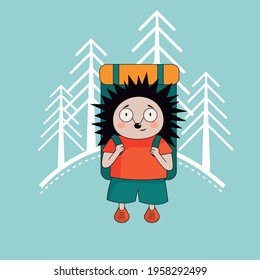 Сartoon character hedgehog tourist with backpack in the forest. Сhildrens illustration