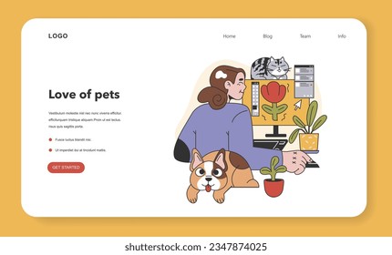 Carácter con su banner web de mascotas o página de inicio. Una mujer feliz, gatito y cachorro pasan tiempo juntos. Amistad entre los animales y el propietario de las mascotas. Escena agradable. Ilustración vectorial plana