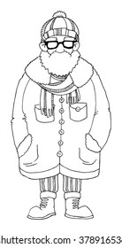 Character, hipster, man with coat and hat, glasses, vector illustration isolated on white