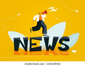 A character with his voice holds a megaphone. Man broadcasts news. Big black letters on a yellow background. Vector illustration EPS 10