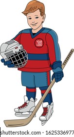 The character of the hockey player standing with hockey stick and helmet and a friendly smile