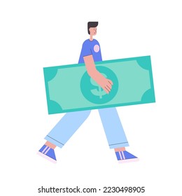 El personaje tiene un billete grande. Ilustración vectorial en un estilo plano