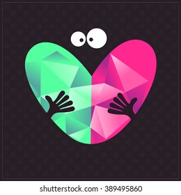 Character hold green and violet heart in hands