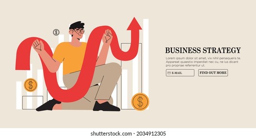 Character hold growing arrow. Male person for banner, web page or site design. Business growth or effective startup strategy concept, company statisctics and sales analysis. Finance and investment.