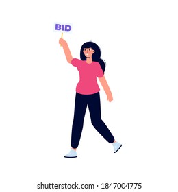 Carácter que contiene la barra de la subasta con el texto de la puja. Ilustración vectorial.