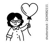 A character holding balloon, doodle style icon 