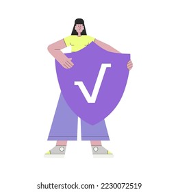 Personaje sosteniendo un gran escudo. Concepto de antivirus, ciberseguridad. Ilustración vectorial en un estilo plano