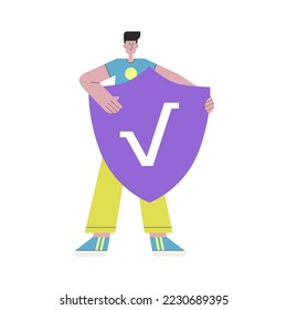 Character holding a big shield. Concept of antivirus, cyber security. Vector illustration in a flat style