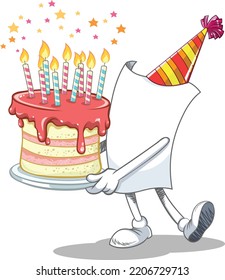 Character holding birthday cake with candles.
Vector cartoon blank paper character holding a plate 
with a delicious cake with candles and celebrating birthday isolated on white.