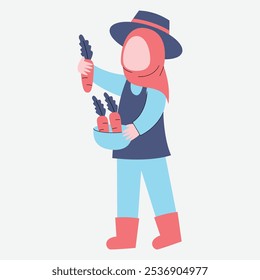 Personagem segurando cenouras em uma tigela, usando um chapéu e botas, representado em um estilo simples.