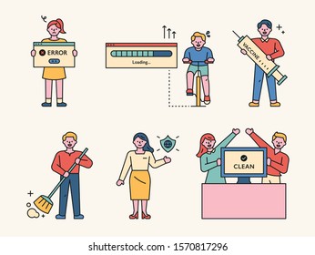 Character holding a computer internet web page popup window. Characters who work to treat viruses and keep them safe. flat design style minimal vector illustration.