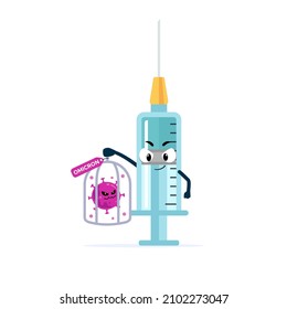 character holding COVID-19 Omicron variant B.1.1.529 a New strain of coronavirus locked in a cage to prevent outbreak. Vector illustration design.