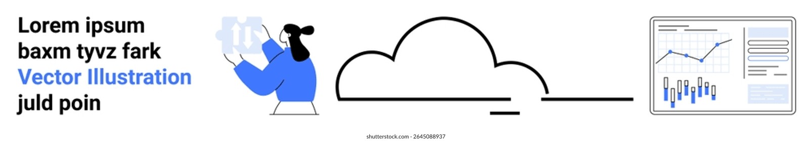 Character holding a document, cloud icon in center, data charts on a screen. Ideal for cloud computing, data analysis, digital transformation, analytics, business solutions, technology services, web