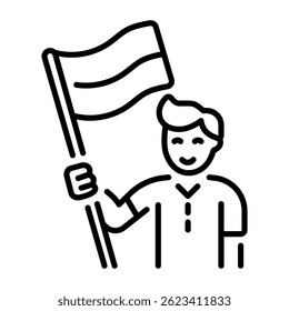 A character holding a flag, linear style icon 