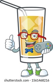 Character holding gamer in the apple cider cartoon