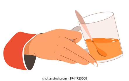 Character holding glass cup of tea with spoon in it, enjoying fresh brewed herbal beverage. Detox and healthy eating. Mug served in cafe or restaurant, sweet flavor of drink. Vector in flat style