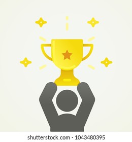 Character holding up a golden trophy cup. Vector illustration of competition winner. Concept for success and achievements.