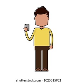 character holding in hand smartphone device