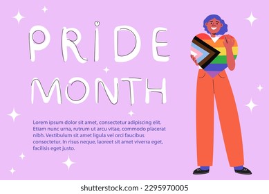 Character holding heart shaped LGBTQ flag, Pride month concept. Poster, banner template with hand drawn text, copy space. Cartoon flat vector illustration