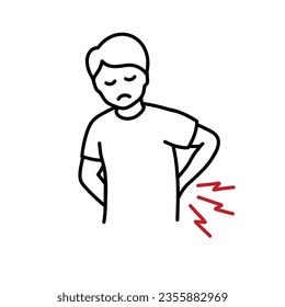 character holding his back in pain. Lower back pain doodle icon, vector line illustration