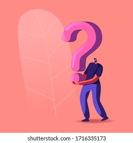 Character Holding Huge Question Mark Solving Problem or Room Escape Conundrum, Enigma. Searching Solution and Information. Tips, Decision, Doubts and Confusion Concept. Cartoon Vector Illustration