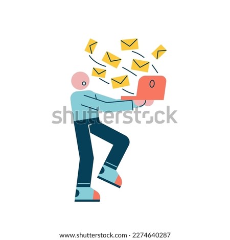 Character is holding a laptop from which many letters fly out. Error and spam attack concept. Vector illustration in a flat style