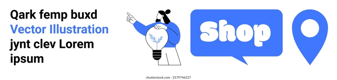 Character holding light bulb with speech bubble saying Shop and map pin. Ideal for e-commerce, online shopping, location services, marketing, and business promotion. Banner for landing page