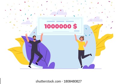 Character holding money prize, bank check for a million dollars. Winning lottery ticket. Vector illustration in flat design.