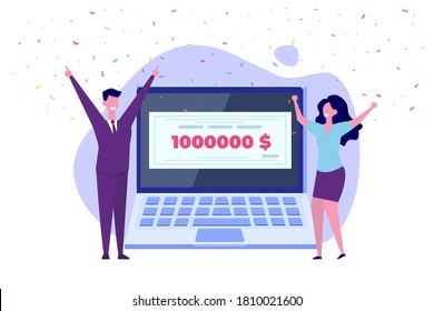 Character holding money prize, bank check for a million dollars. Winning lottery ticket. Vector illustration in flat design.