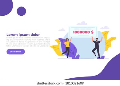 Character holding money prize, bank check for a million dollars. Winning lottery ticket. Vector illustration in flat design.
